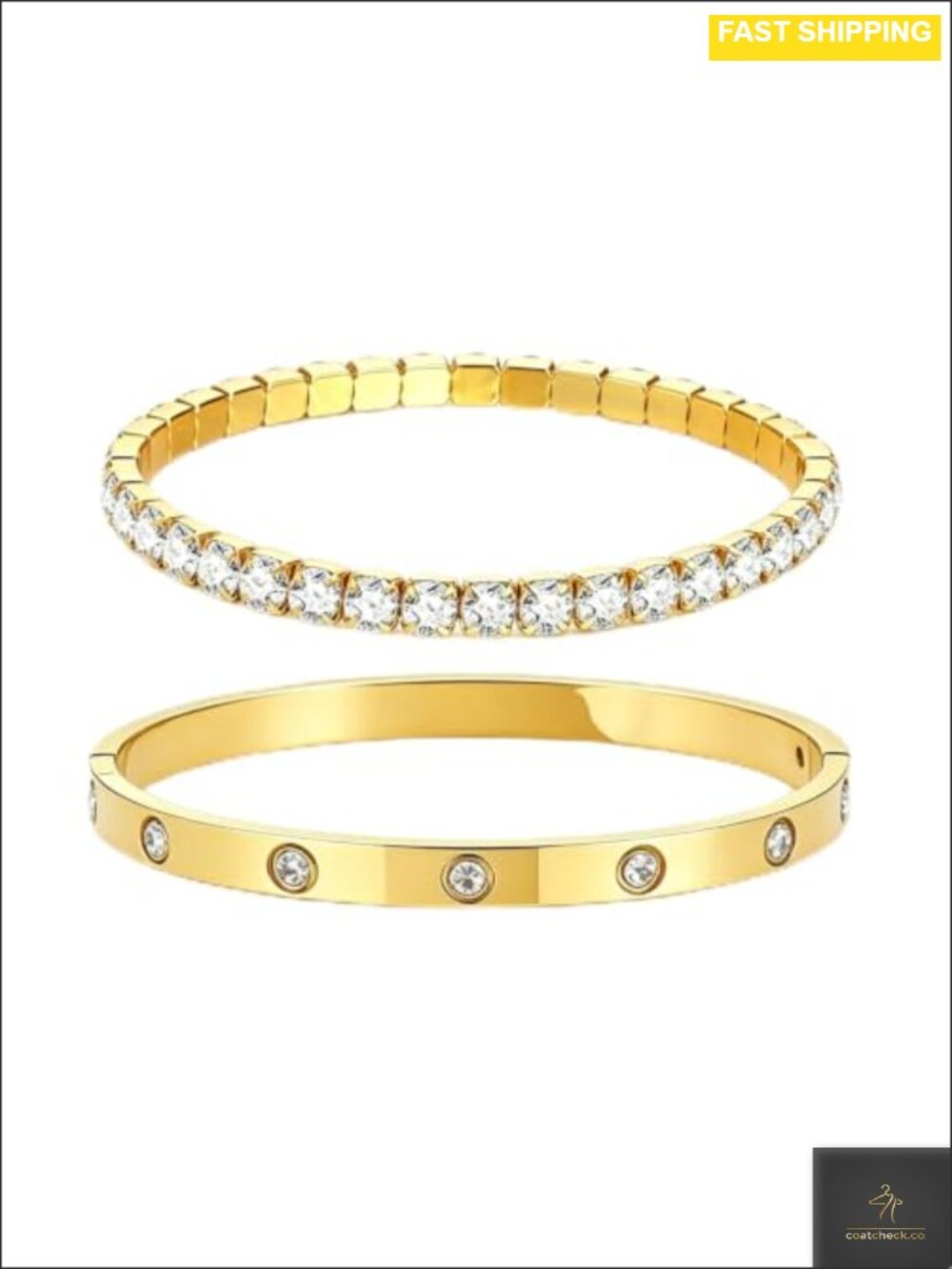 18K Gold Plated 2-Piece Stackable Bracelet Set Tennis Bracelet CZ Bangle